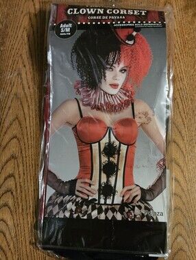 Adult Clown Corset Halloween Costume Top S/M Red Black Striped Harlequin NIP